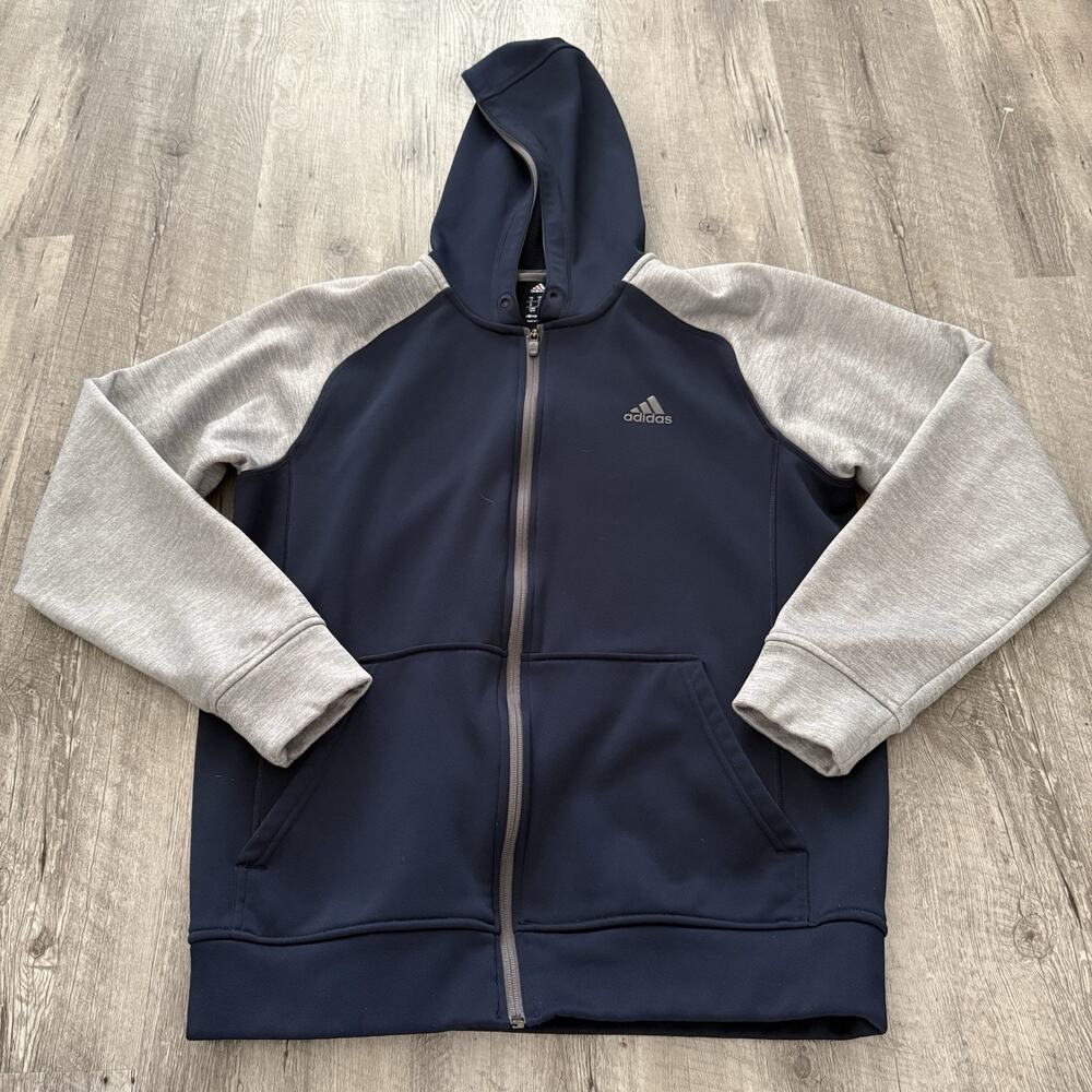 Adidas Jacket Mens Medium Fleece Blue Gray Full Zip Hoodie Pullover Climawarm
